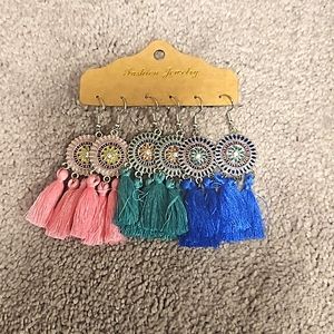 Amazon Medallion Colorful Fringe Tassel Dangle Earrings 3 pairs